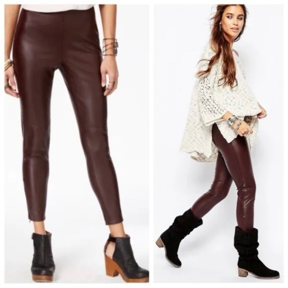 Free People Faux Leather Slim Fit Pants Burgundy